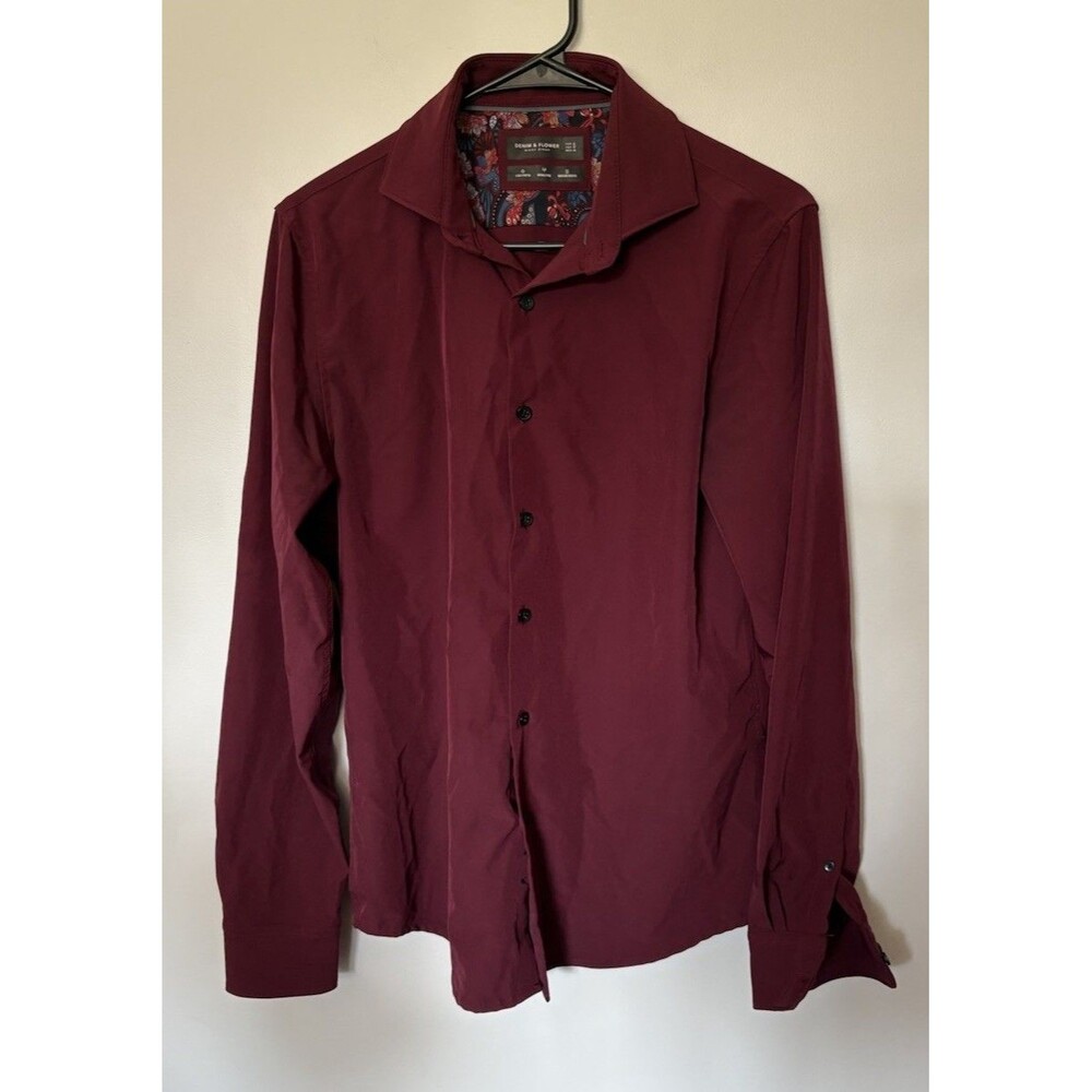Denim & Flower Ricky Singh Shirt, Mens Small, Burgundy,Stretch,Wrinkle Free